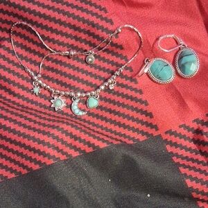 Elegant Silver and Turquoise Charm Bracelet and Earrings Set